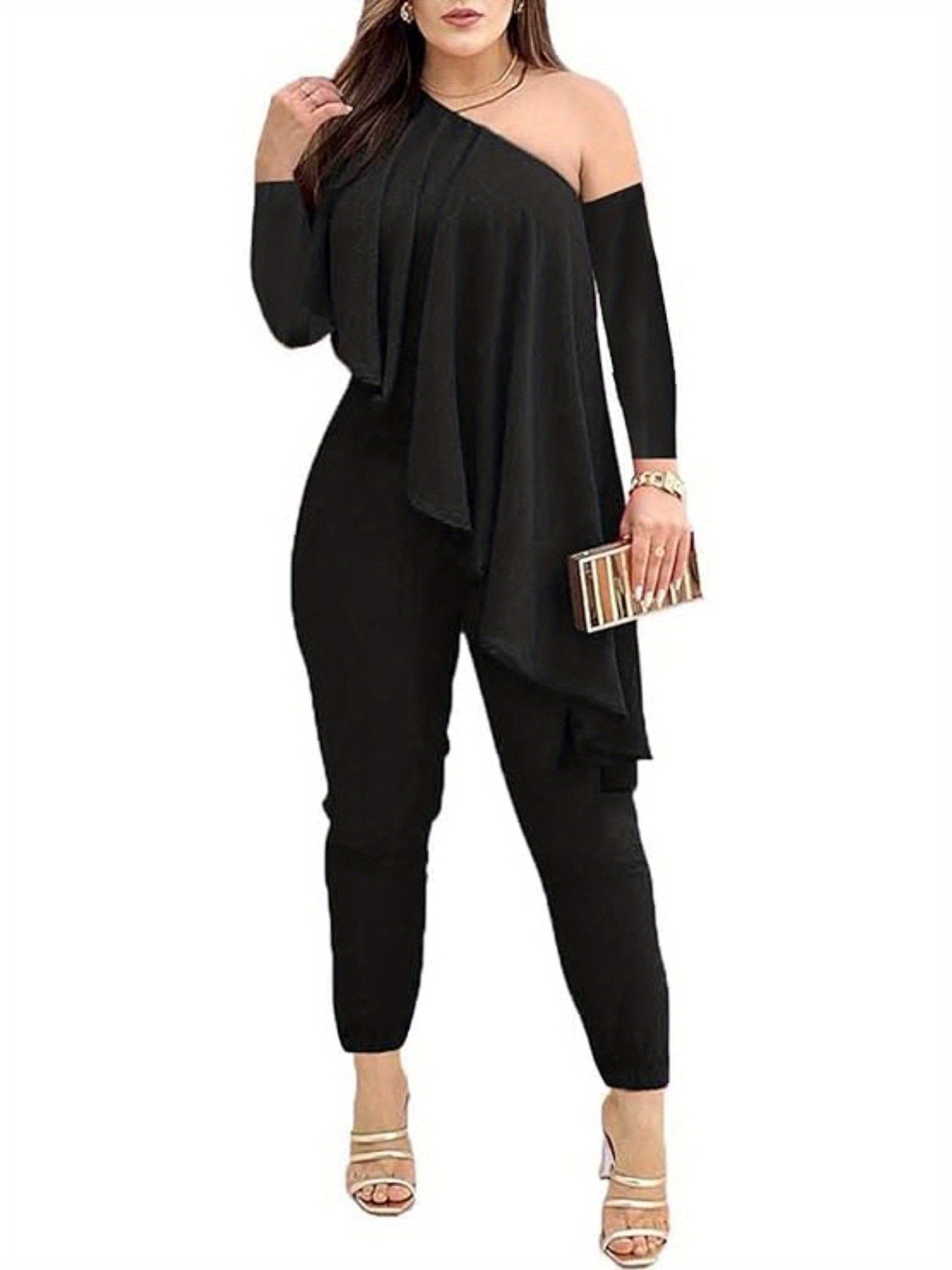 2pcs Sets for Women - Off-Shoulder Pullover & Wide-Leg Pants Outfit, Black Solid Color, Machine Washable All-Season Casual Elegant Outfits for Office, Lunch & Evening Events
